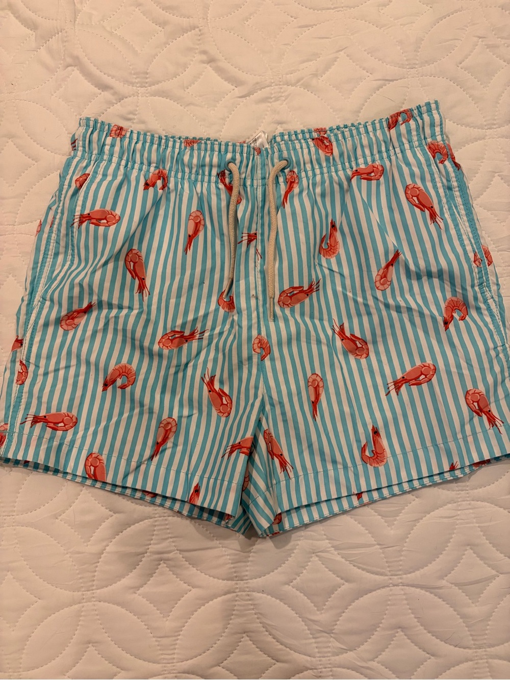 H&M Light Blue and White Striped Swim Trunks with Shrimp Print